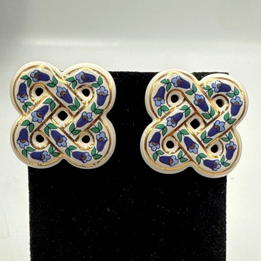 Vintage Porcelain Celtic Knot Stud Earrings Blue Floral‎ Gold Trim Ceramic Studs